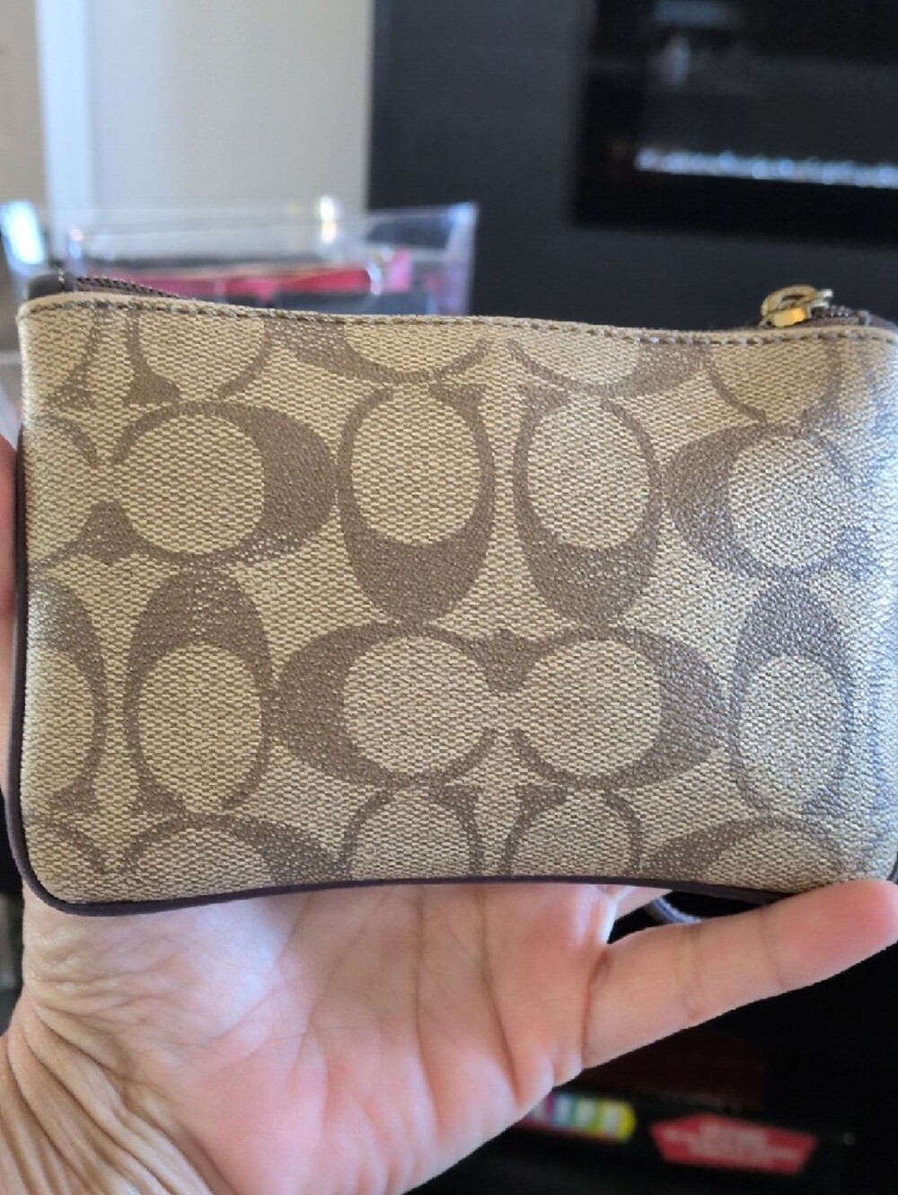 Coach Brown Signature Canvas Wristlet with Pink Stripe - Picture 3 of 7